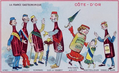 Kampanja- ja koulutuskortti lapsille, joka kuvaa Cote-DOrin alueen erikoisuuksia, n. 1910